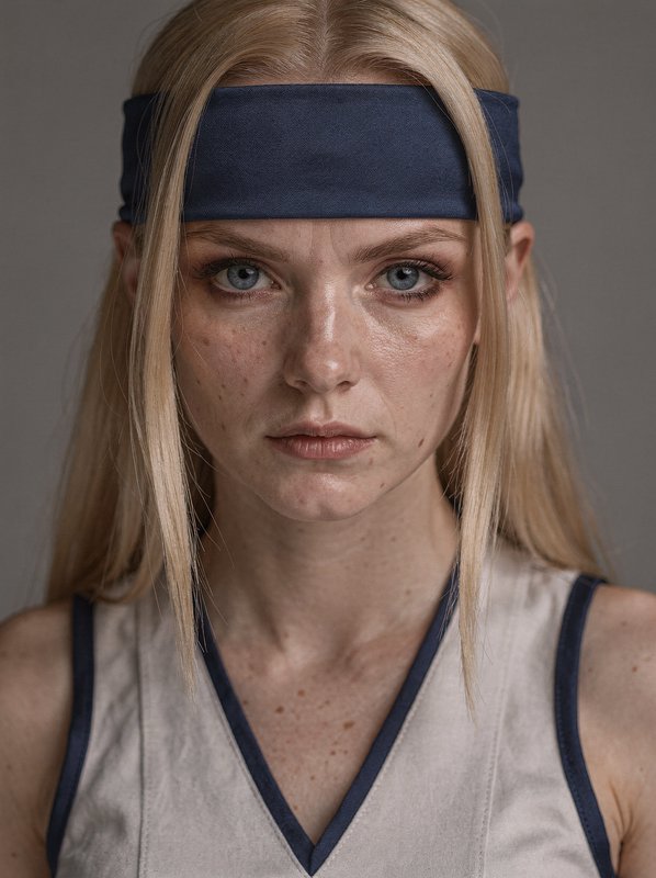 Close-up portrait of a young female athlete with a blue headband and sleeveless sports jersey.