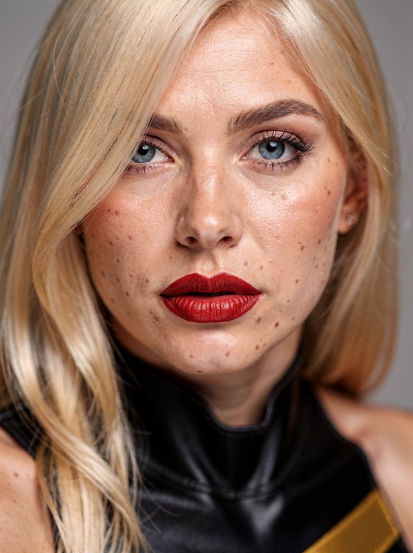 Close-up portrait of a blonde woman with blue eyes and bold red lipstick.