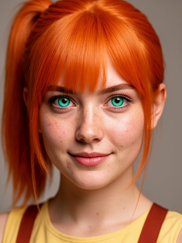 Young woman with vivid orange hair and striking green eyes in a close-up portrait