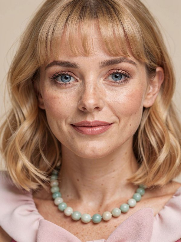 Close-up portrait of a smiling blonde woman wearing a pastel beaded necklace
