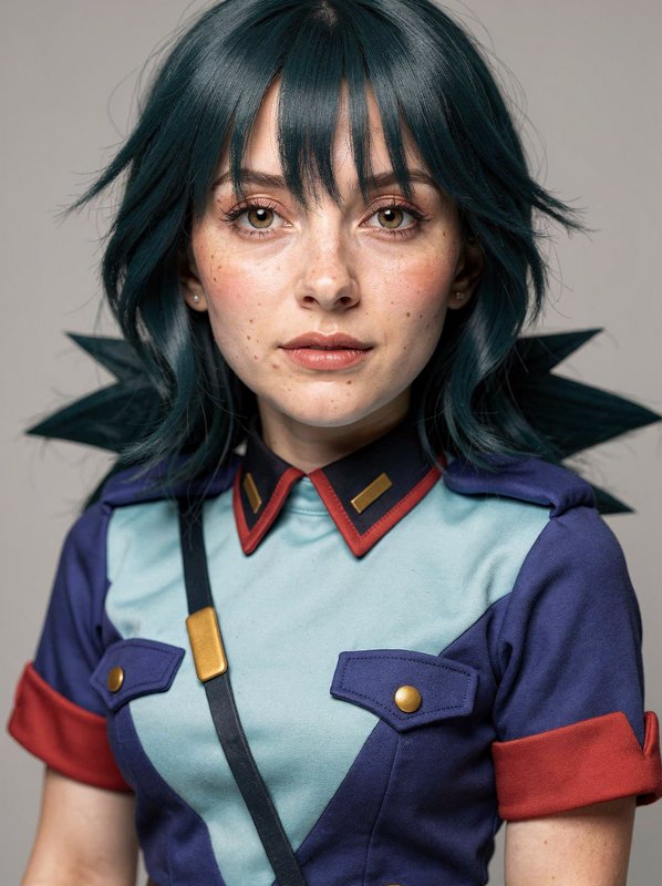 Portrait of a woman in a blue-teal cosplay uniform with teal hair and freckles.
