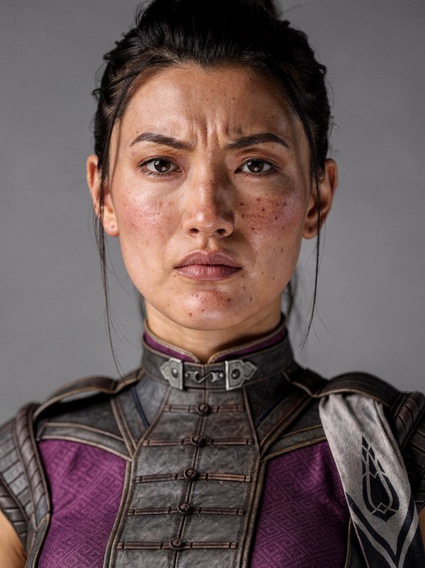 Close-up portrait of a woman in ornate purple-gray armored battle attire.
