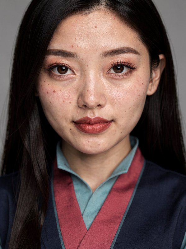 Close-up portrait of an Asian woman with makeup and natural skin texture in traditional attire.