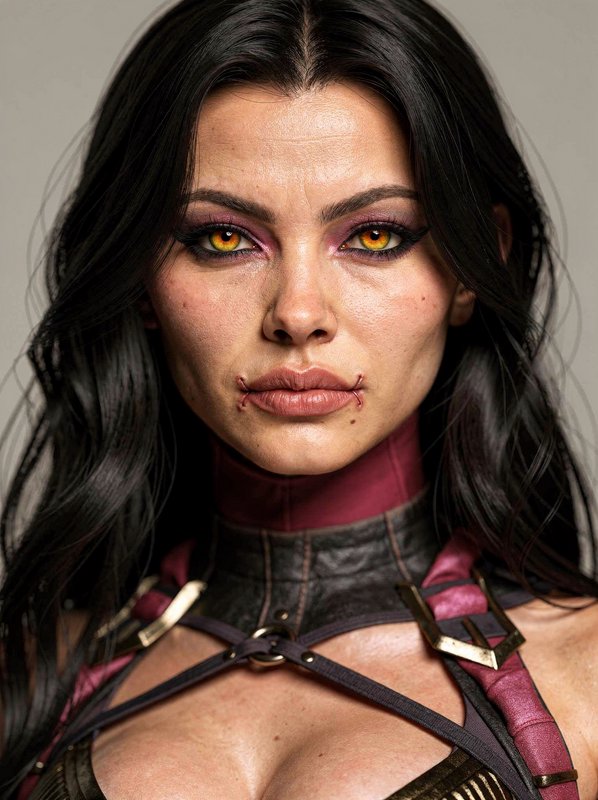 Close-up of a woman with stitched-lip makeup, yellow eyes, and dark hair in a leather harness.