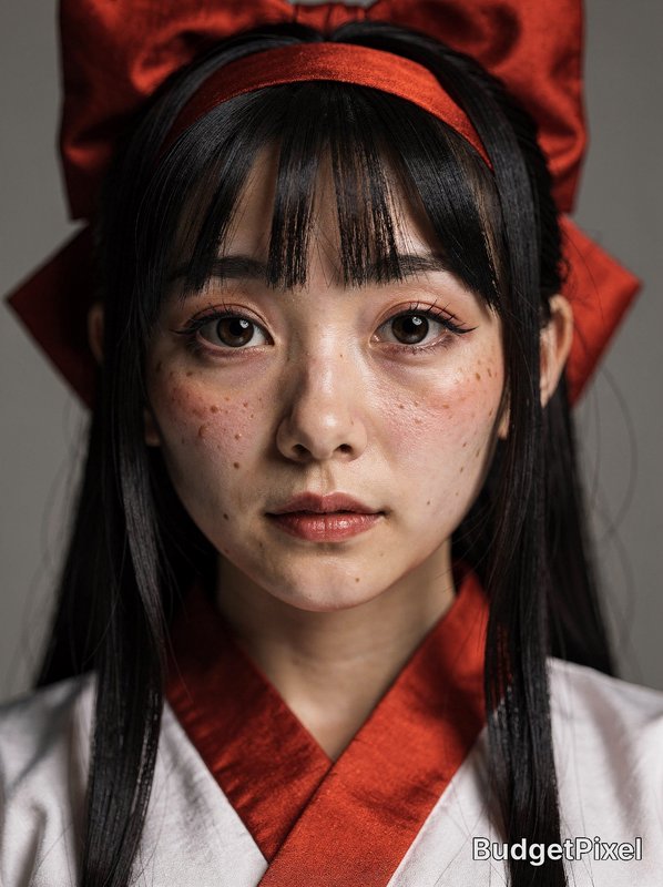 Close-up portrait of a young Asian woman with freckles, wearing a red headband and white-red trad...