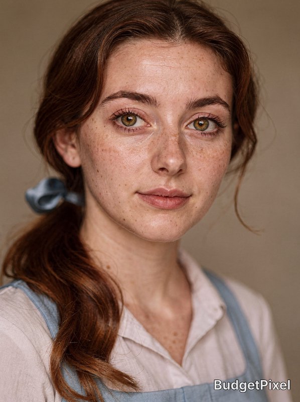 Close-up portrait of a freckled redhead woman with a ponytail wearing blue denim overalls.