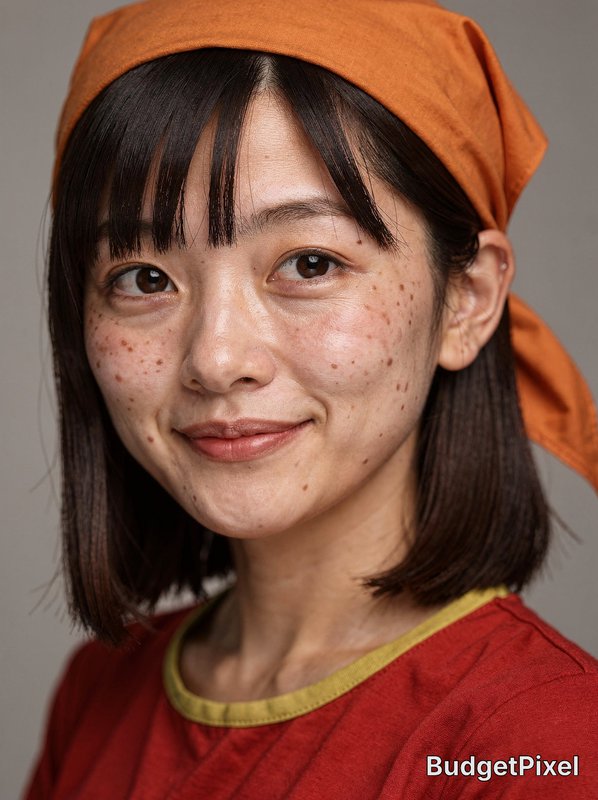 Close-up portrait of a young woman with freckles wearing an orange headscarf and red shirt.