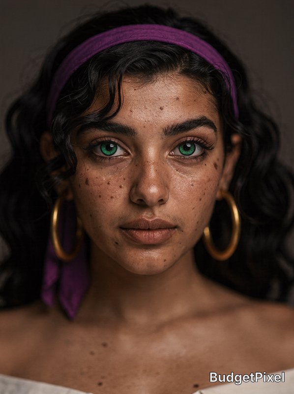 Close-up portrait of a woman with green eyes, dark wavy hair, a purple headband, and gold hoop ea...