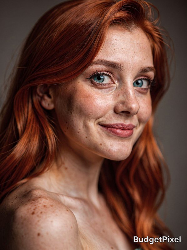 Close-up portrait of a red-haired woman with blue eyes and freckles