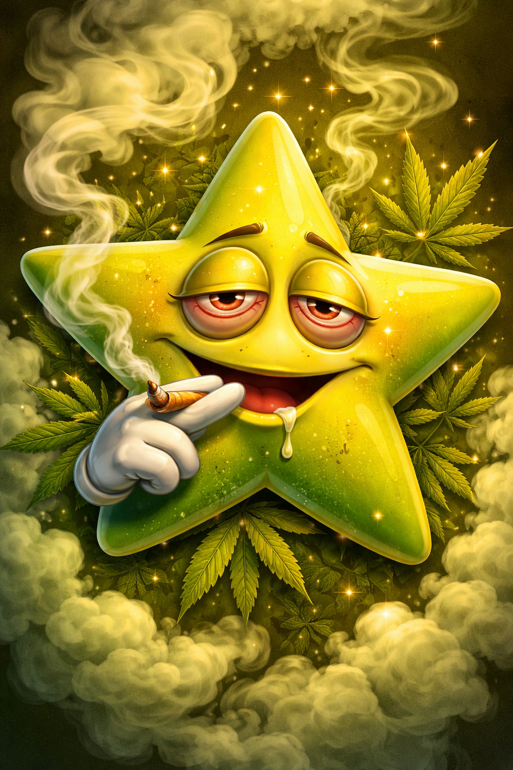 Smiling yellow star cartoon smoking a joint among cannabis leaves and smoky clouds.
