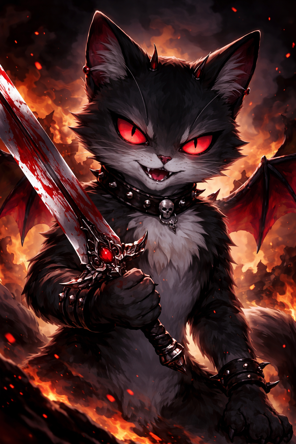 Dark cat demon with glowing red eyes, bat wings, and a bloodied sword amid fiery flames.