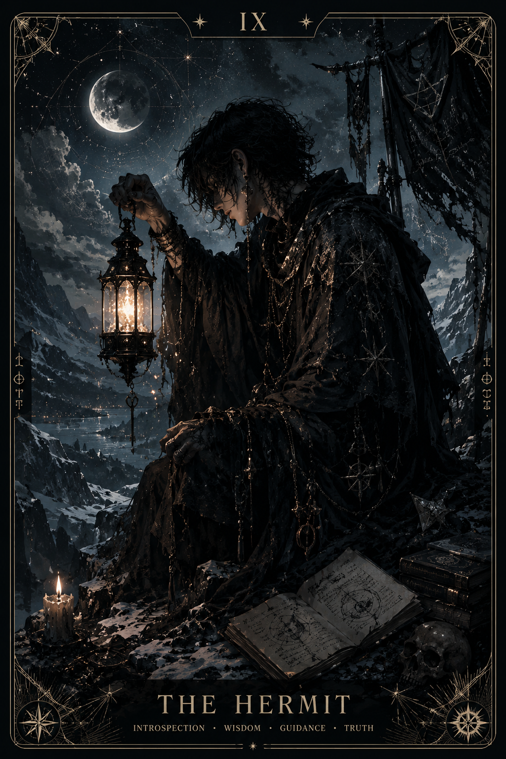 Dark-robed hermit in a snowy mountain landscape, holding a glowing lantern under a moonlit sky.