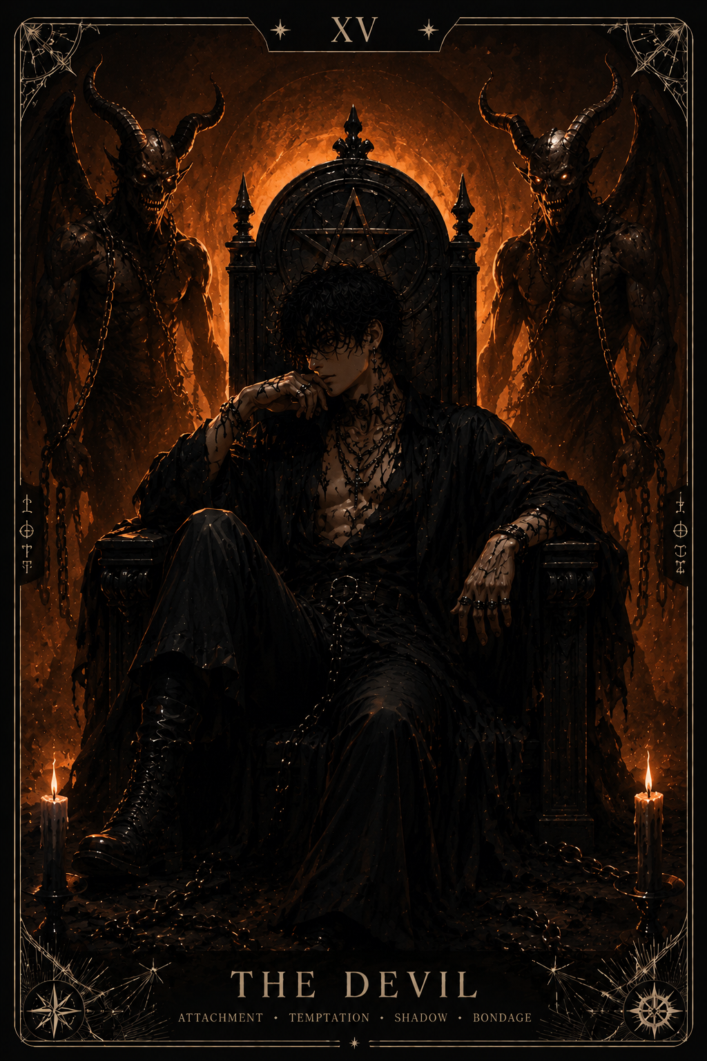 Dark tarot-style illustration of The Devil seated on a throne with demonic twins flanking, candles burning.