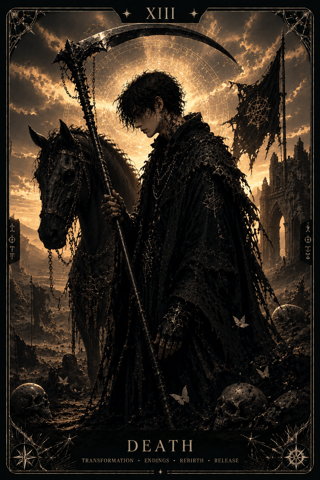Dark gothic Death card showing a cloaked rider on a skeletal horse with a scythe amid ruins and cobwebs.