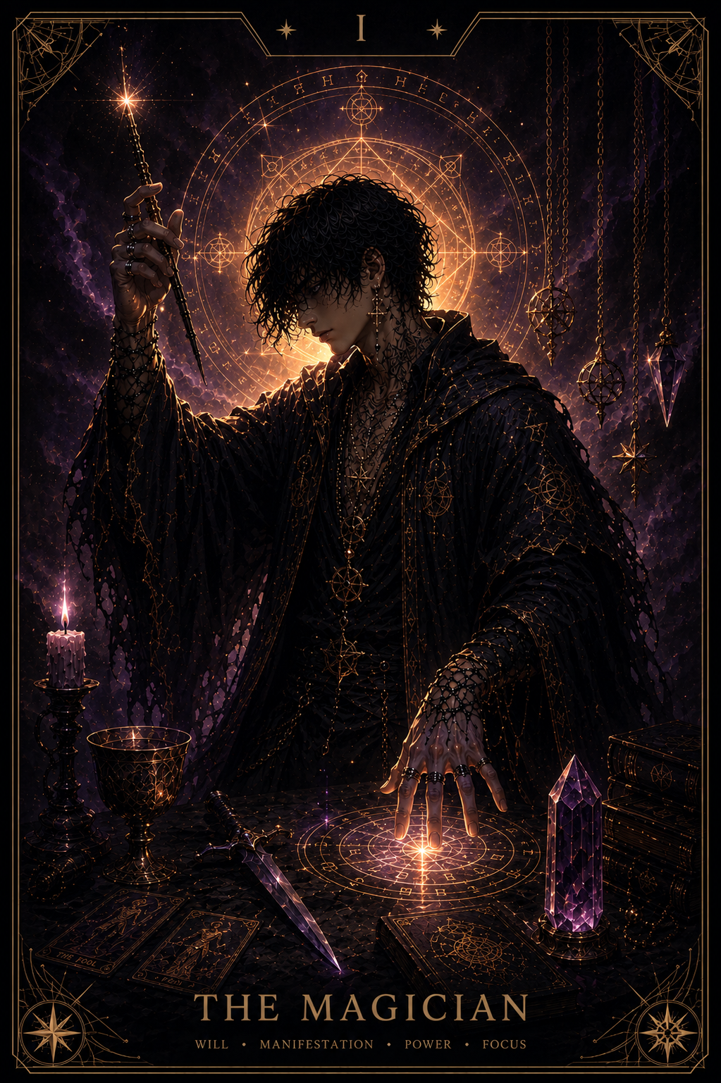 Dark-robed magician conjuring light over glowing sigils and a crystal on a ritual table.