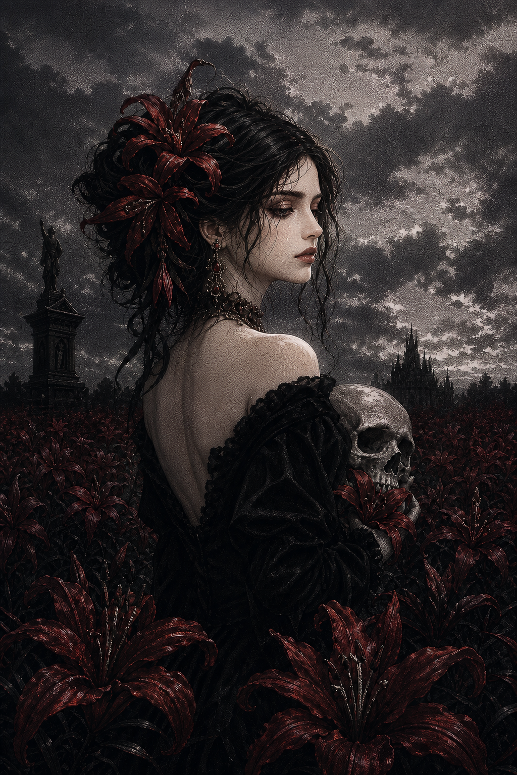 Gothic woman in a black dress holding a skull among dark red plants under a stormy sky.