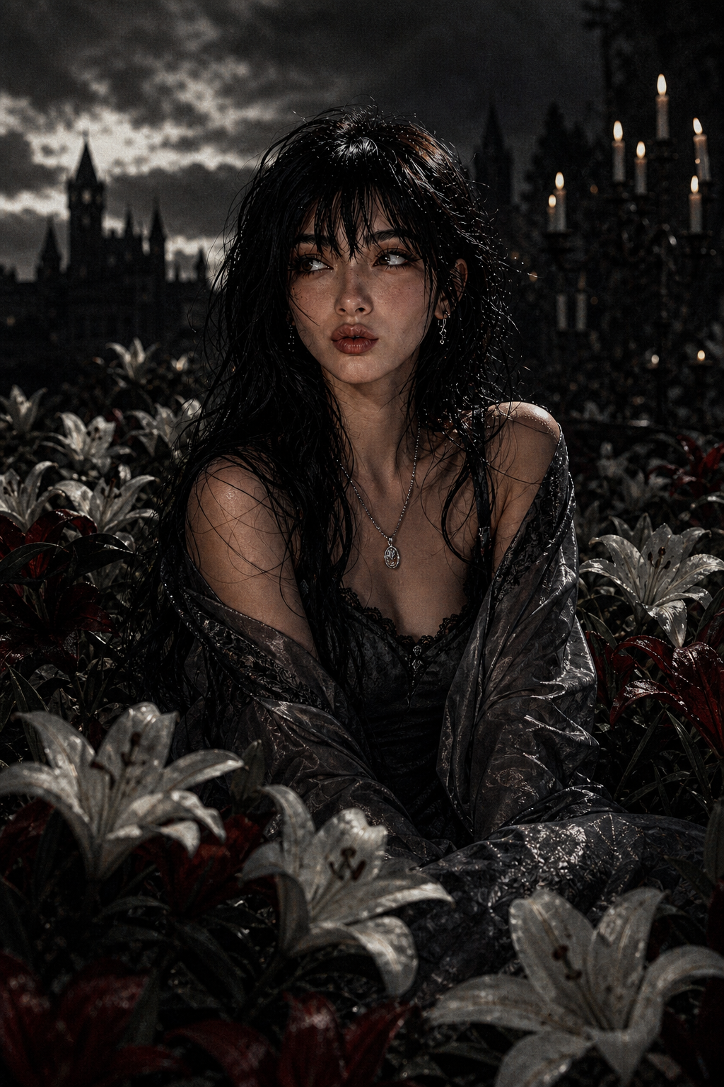 Moody gothic portrait of a woman in a dark lace dress amid plants with candlelit backdrop.