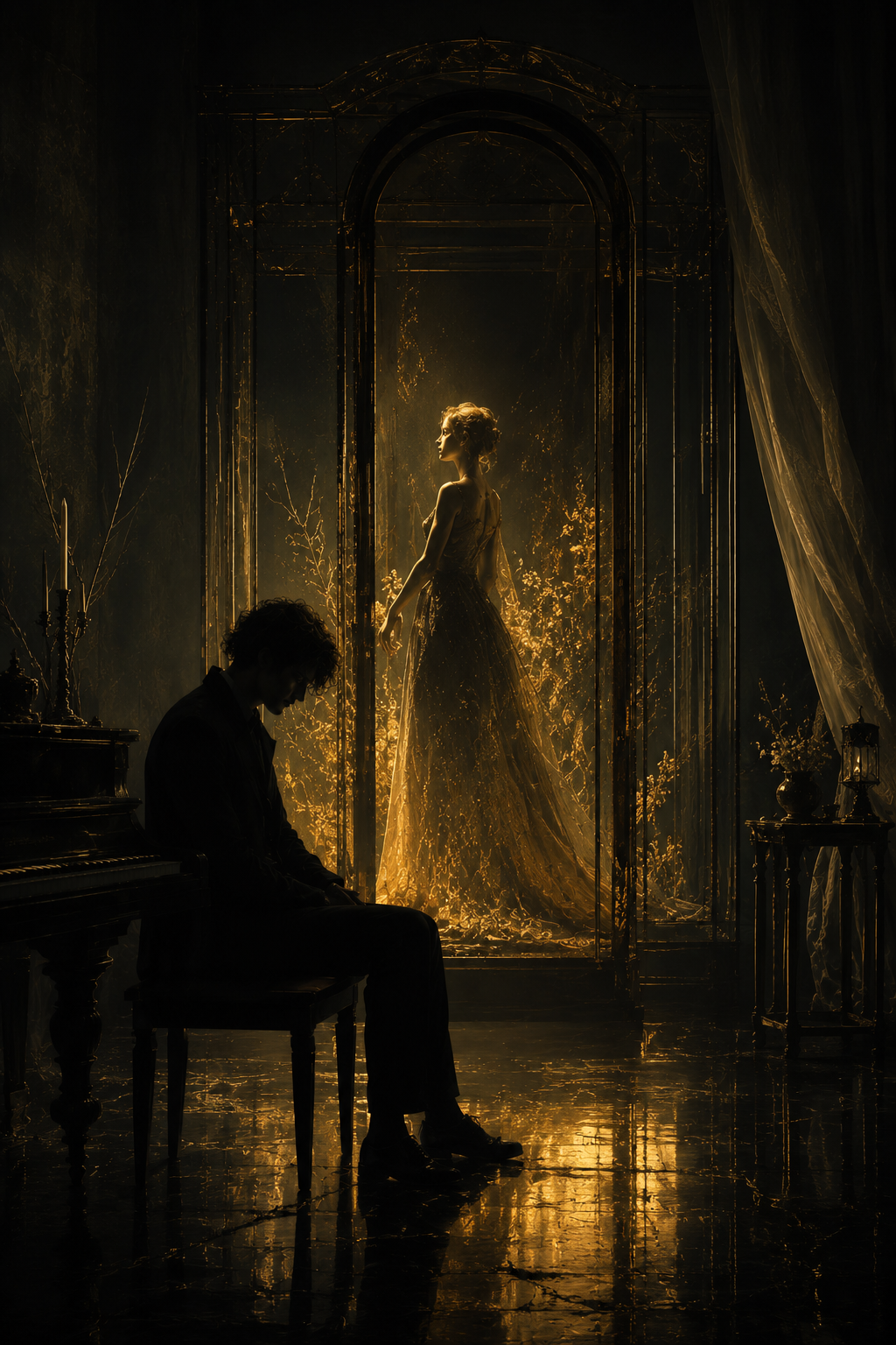 Dim, moody room with a man seated at a piano and a glowing woman in a golden dress standing in a doorway.