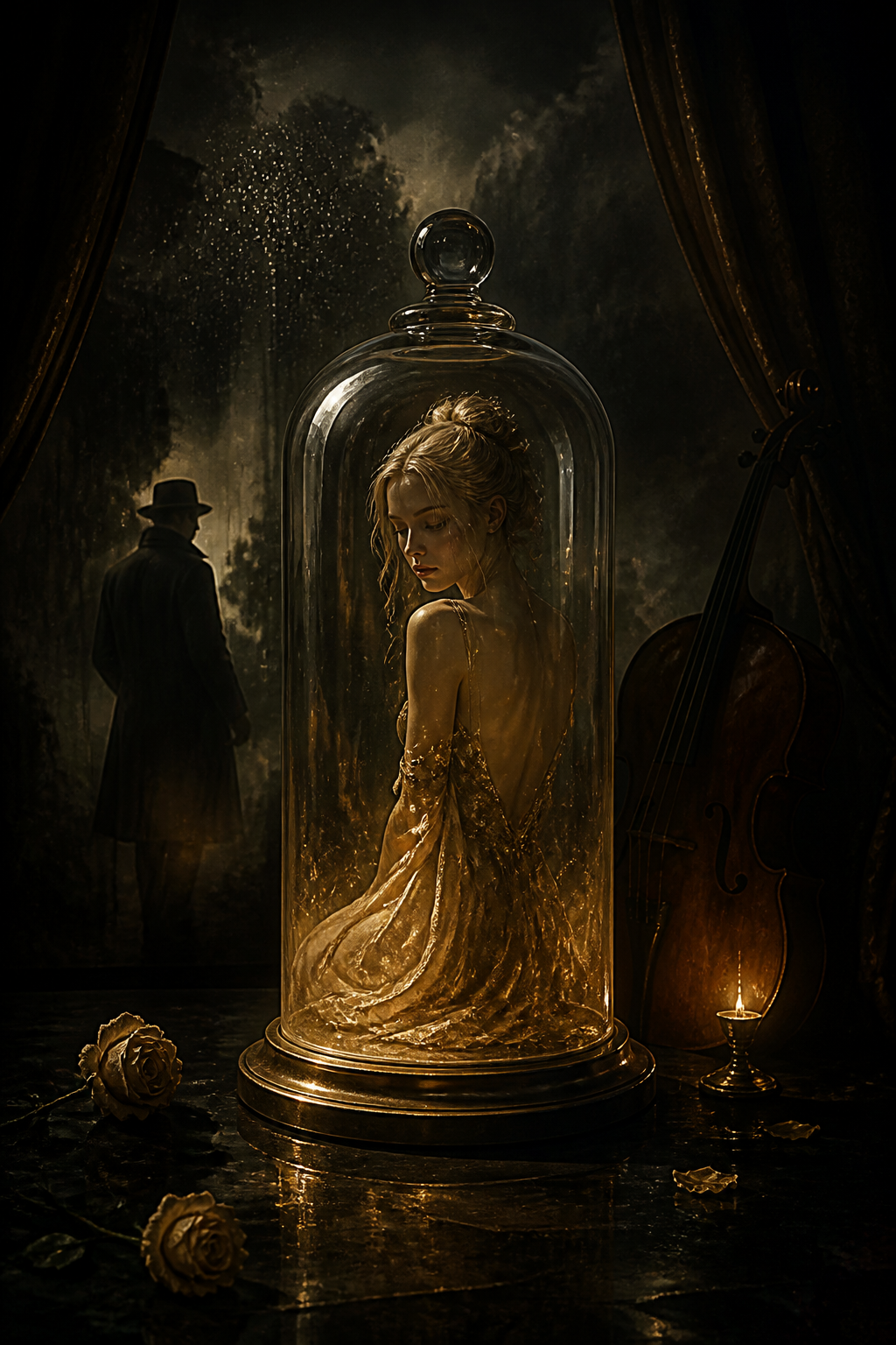 Woman inside a glass dome wearing a golden dress in a dark, moody stage with a candle and cello.