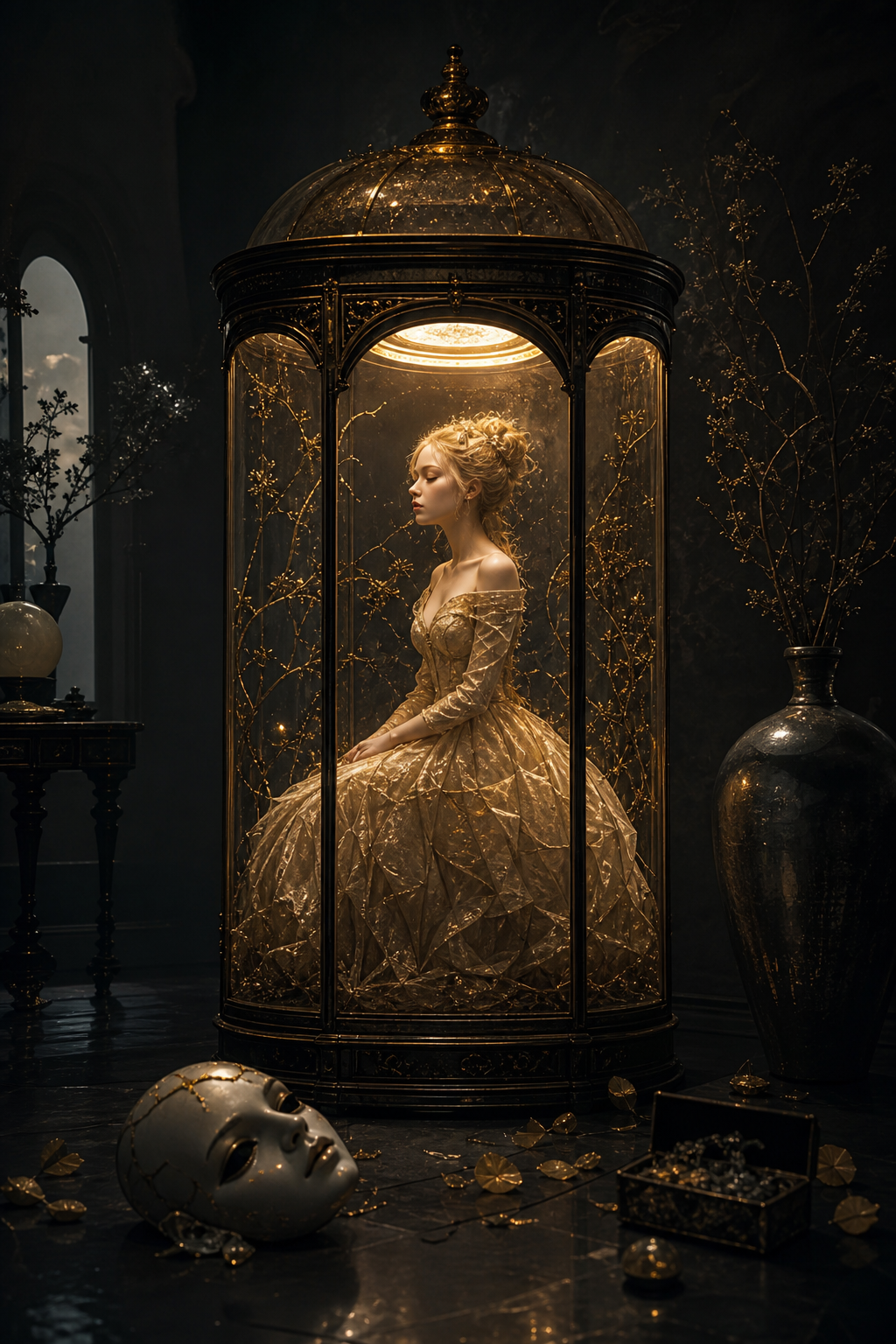 Woman in an antique gold gown seated inside a glass-domed ornate cage, softly illuminated.