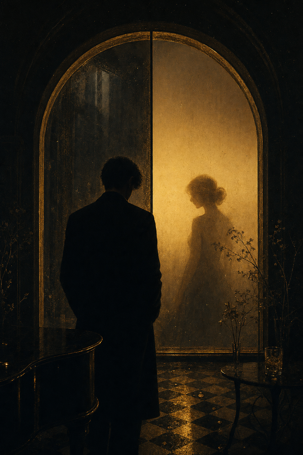 Silhouette of a man facing a glowing figure behind a frosted glass door in a moody, vintage interior.