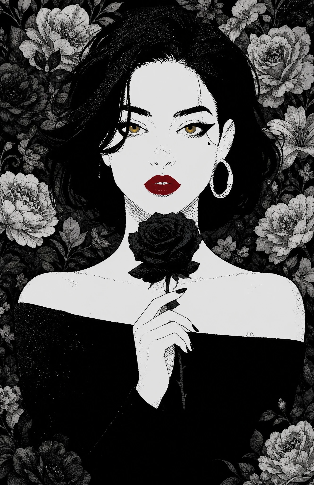 Monochrome illustration of a woman with red lips holding a black rose, surrounded by flowers.