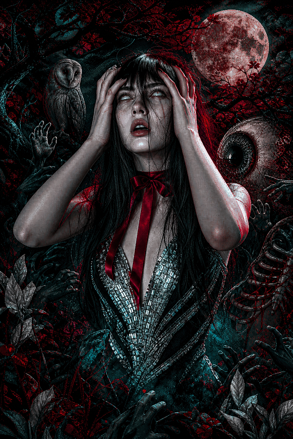 Gothic horror portrait of a woman gripping her head in a shimmering gown amid a dark forest, red moon and eerie creatures.