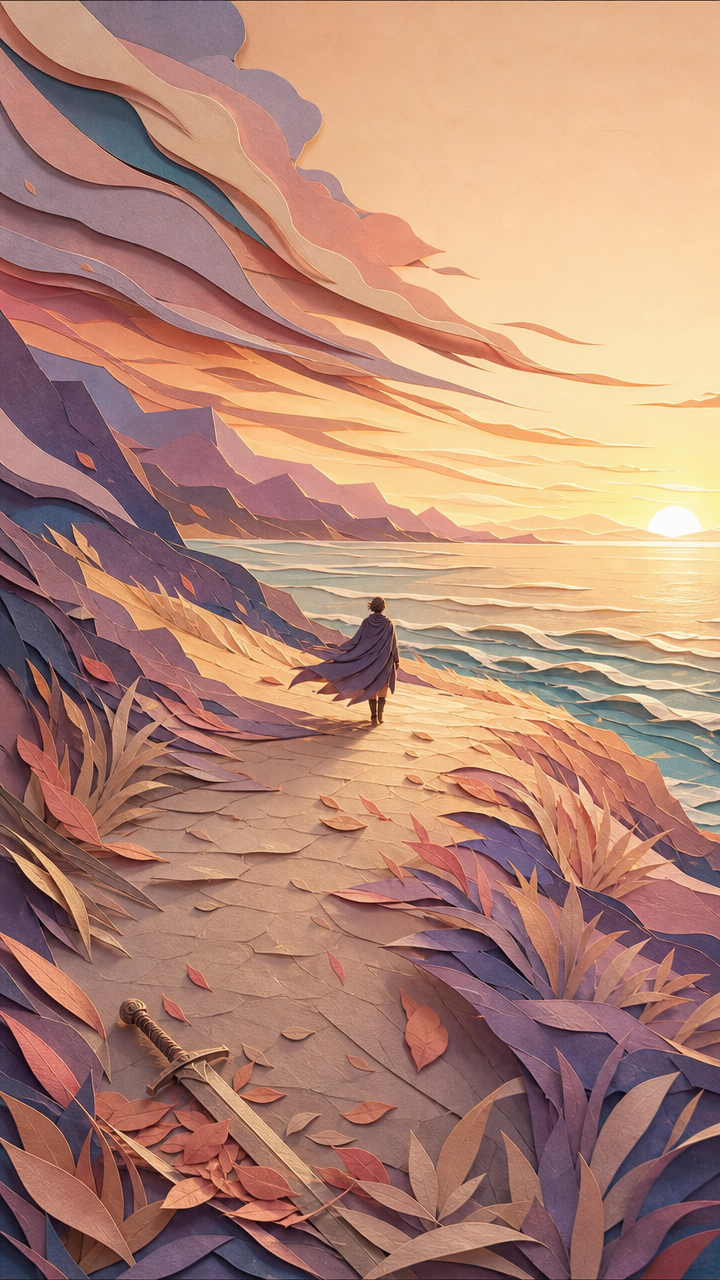A person walks along a layered pastel coastal cliff at sunset, with a sword lying on the sand.