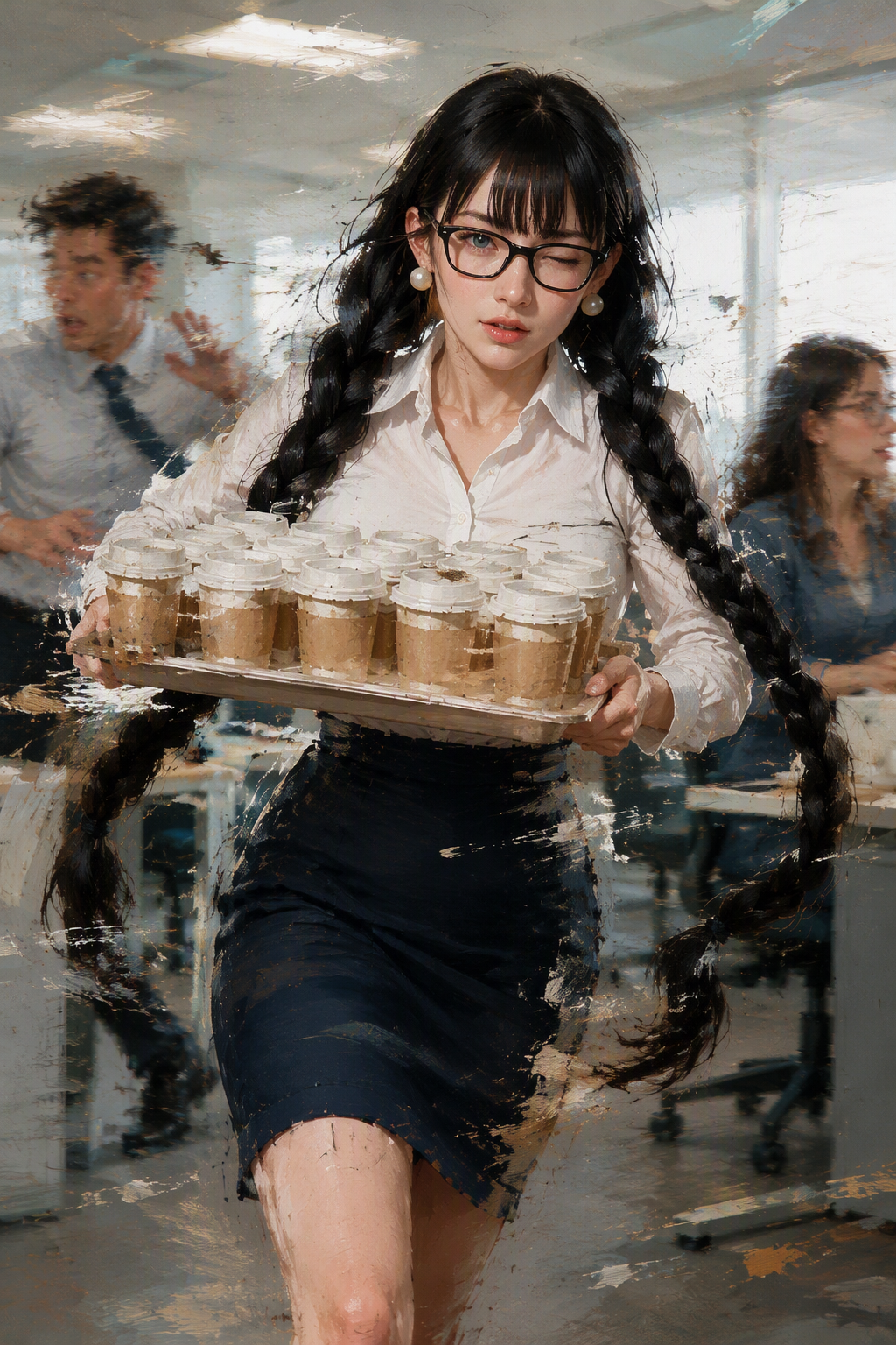 Painterly illustration of a glasses-wearing office woman with long braids carrying a full takeaway coffee tray through a b...