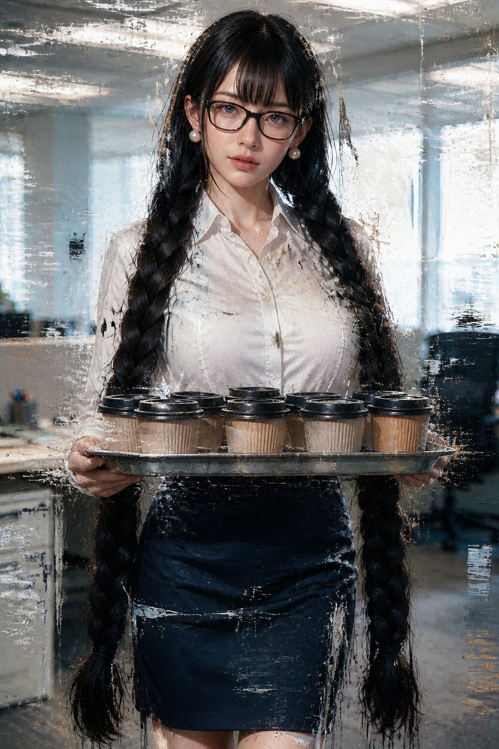 [Young office woman with glasses and long dark braids holds a tray of takeaway coffee, viewed through a scratched textured...