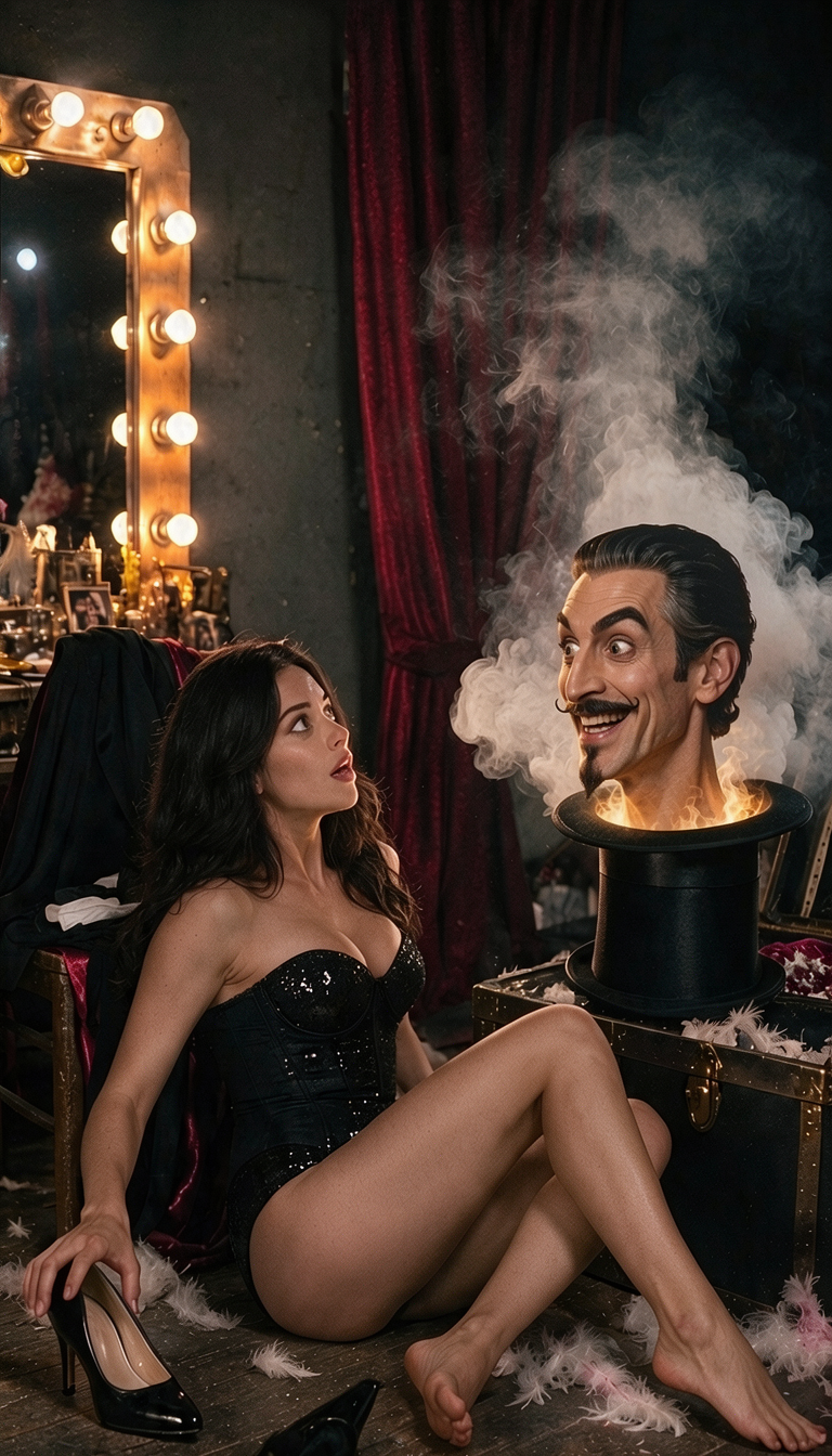 [Surprised woman in a sequin corset stares at a disembodied magician head rising from a smoking top hat in a vintage dress...