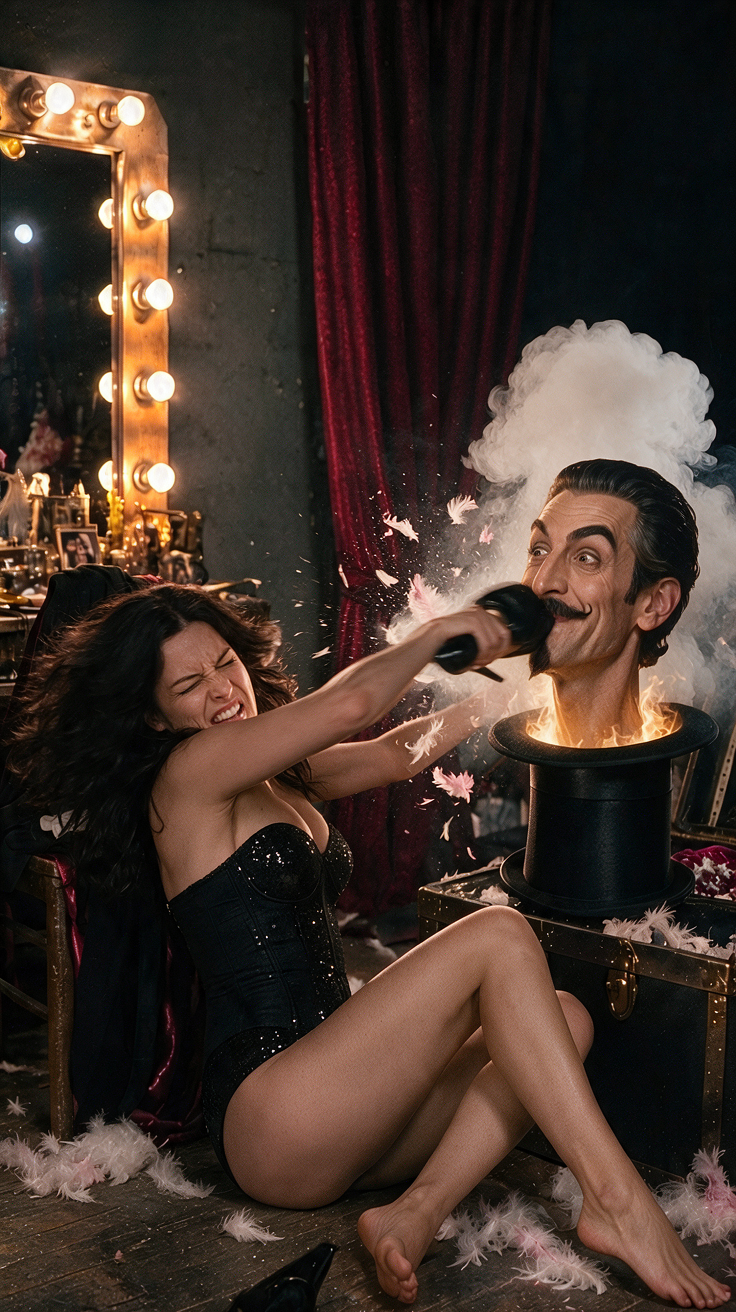 Surreal backstage scene: Burlesque showgirl uses hairdryer on mustached head in a flaming top hat