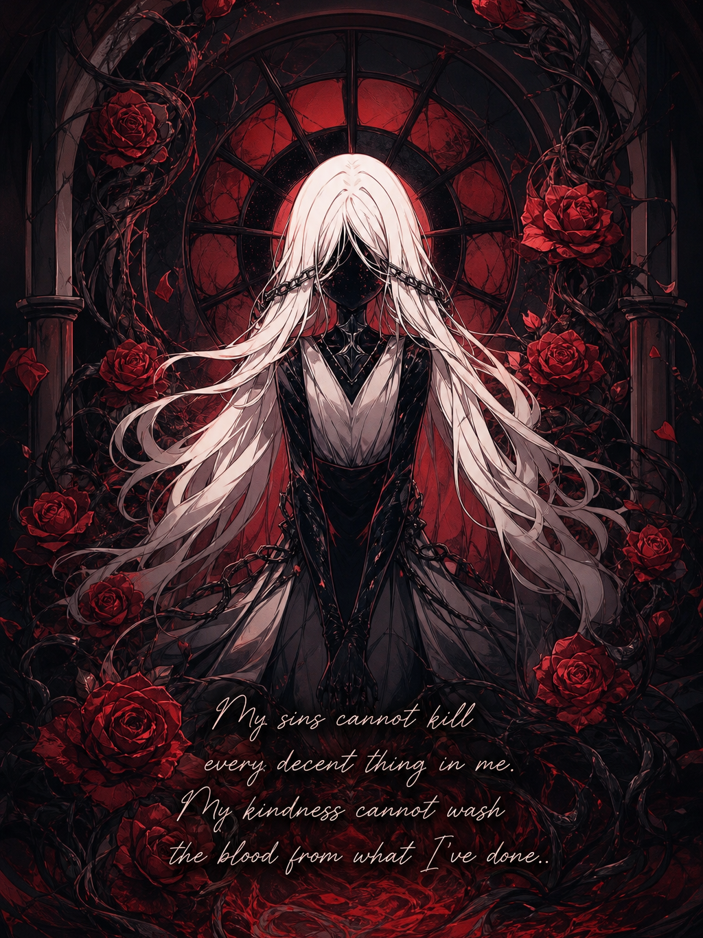 Faceless gothic anime figure with long white hair, chained, framed by red roses, before a red stained glass window with a ...