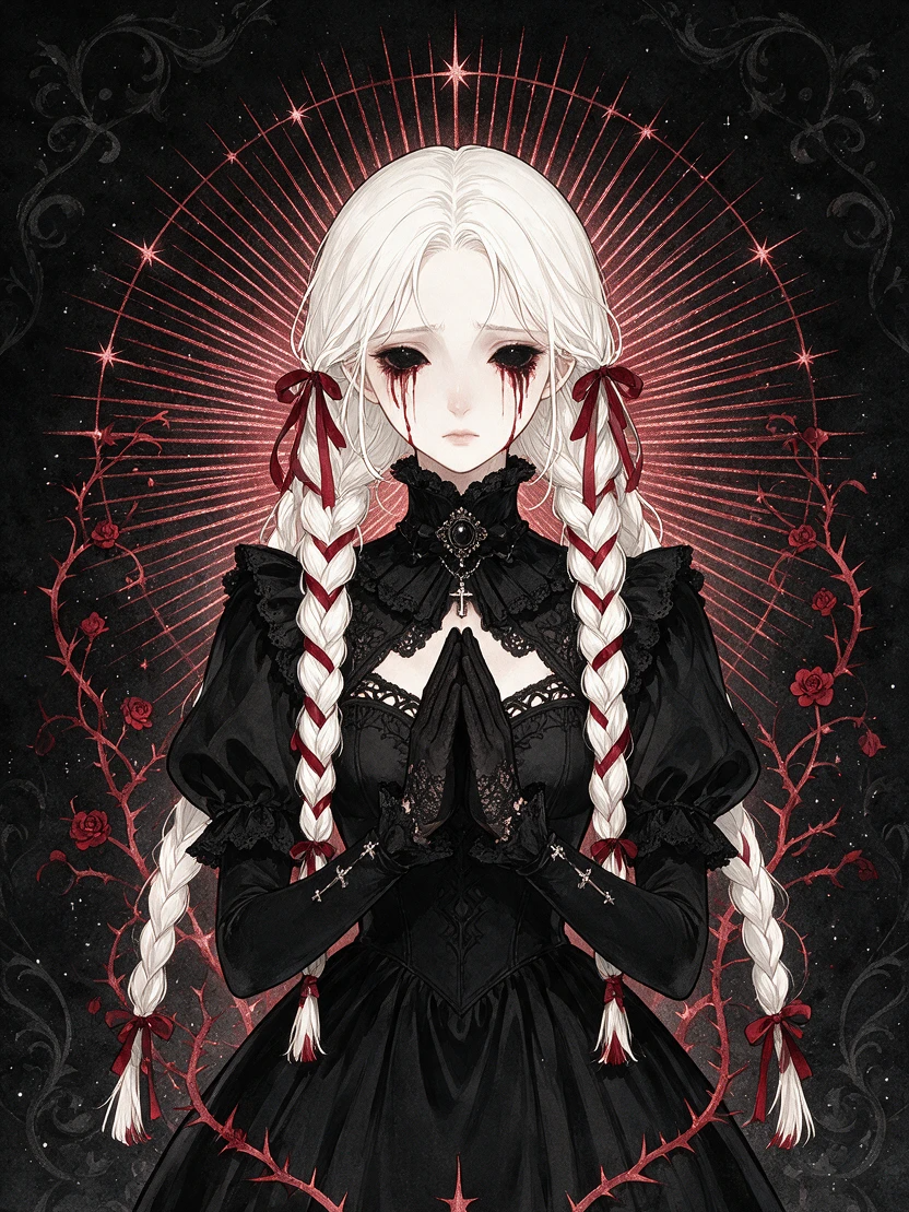[Somber gothic anime girl with white ribbon-tied braids clasps hands in prayer, dark tear streaks down her face, framed by...