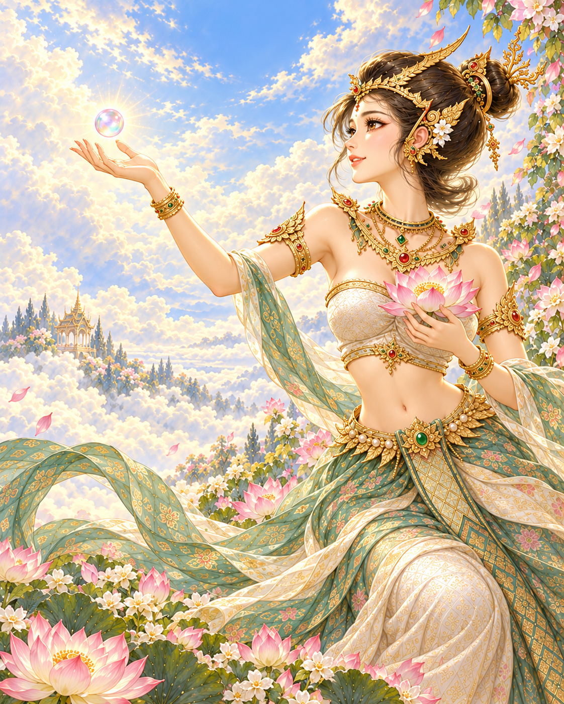 [Ethereal celestial Thai goddess holding a pink lotus and glowing orb, standing in a flower-filled heavenly cloud garden u...