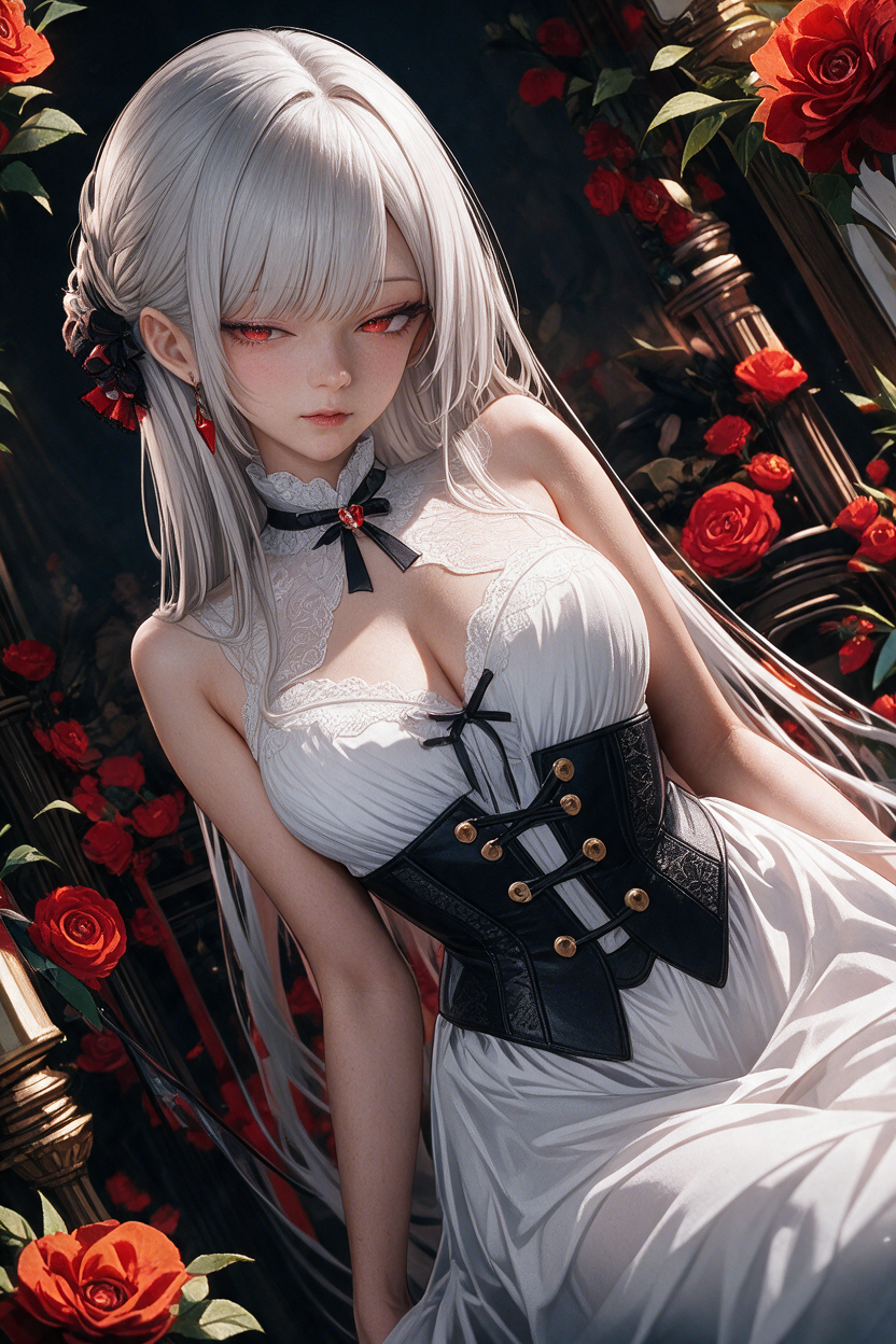 Anime young woman with silver hair, crimson eyes, lace white dress and black corset, framed by red roses on a dark ornate ...