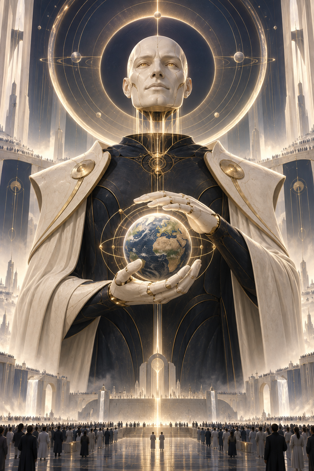 Giant marble divine humanoid holds a glowing Earth orb above crowds gathered in a grand celestial temple