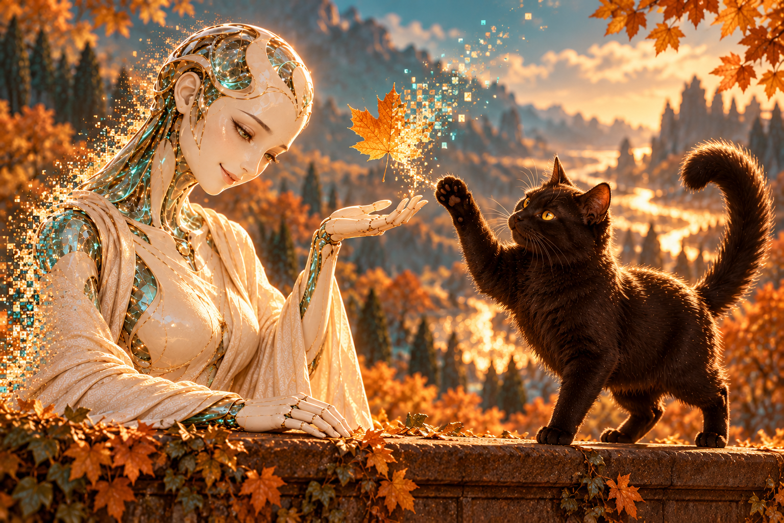 Elegant crystalline android shares a gentle moment with a black cat reaching for a floating autumn maple leaf