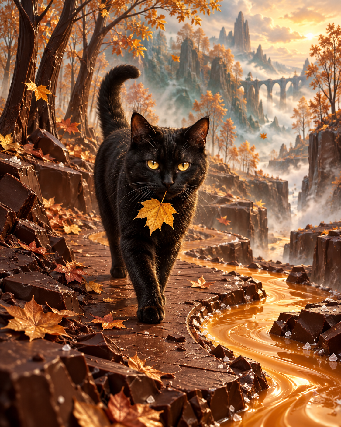 Black cat holding a golden maple leaf walks along a chocolate path in a whimsical autumn fantasy landscape