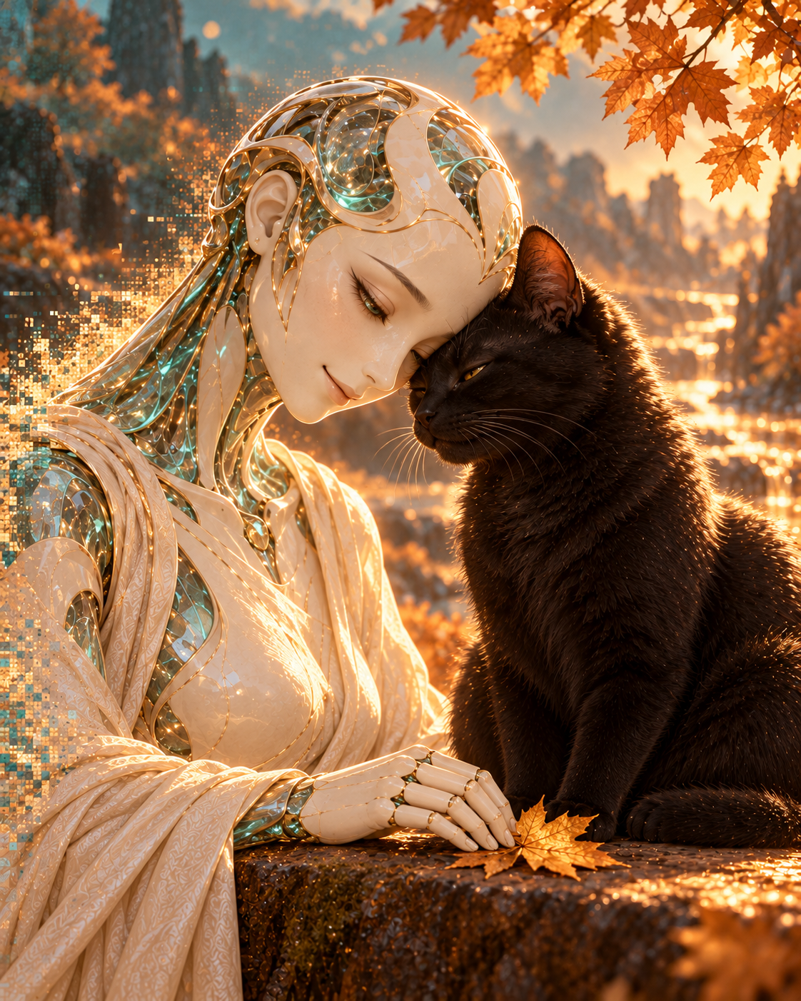 Ethereal crystal android rests her forehead gently against a fluffy black cat in a golden autumn landscape