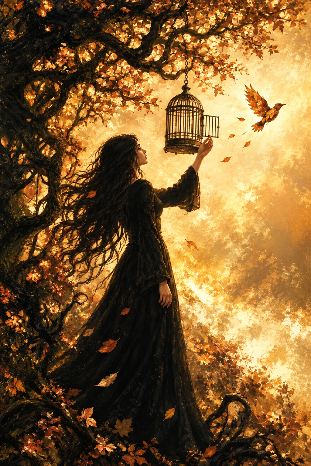 Long-haired woman releasing an autumn leaf bird from an open cage under a sunlit fall tree