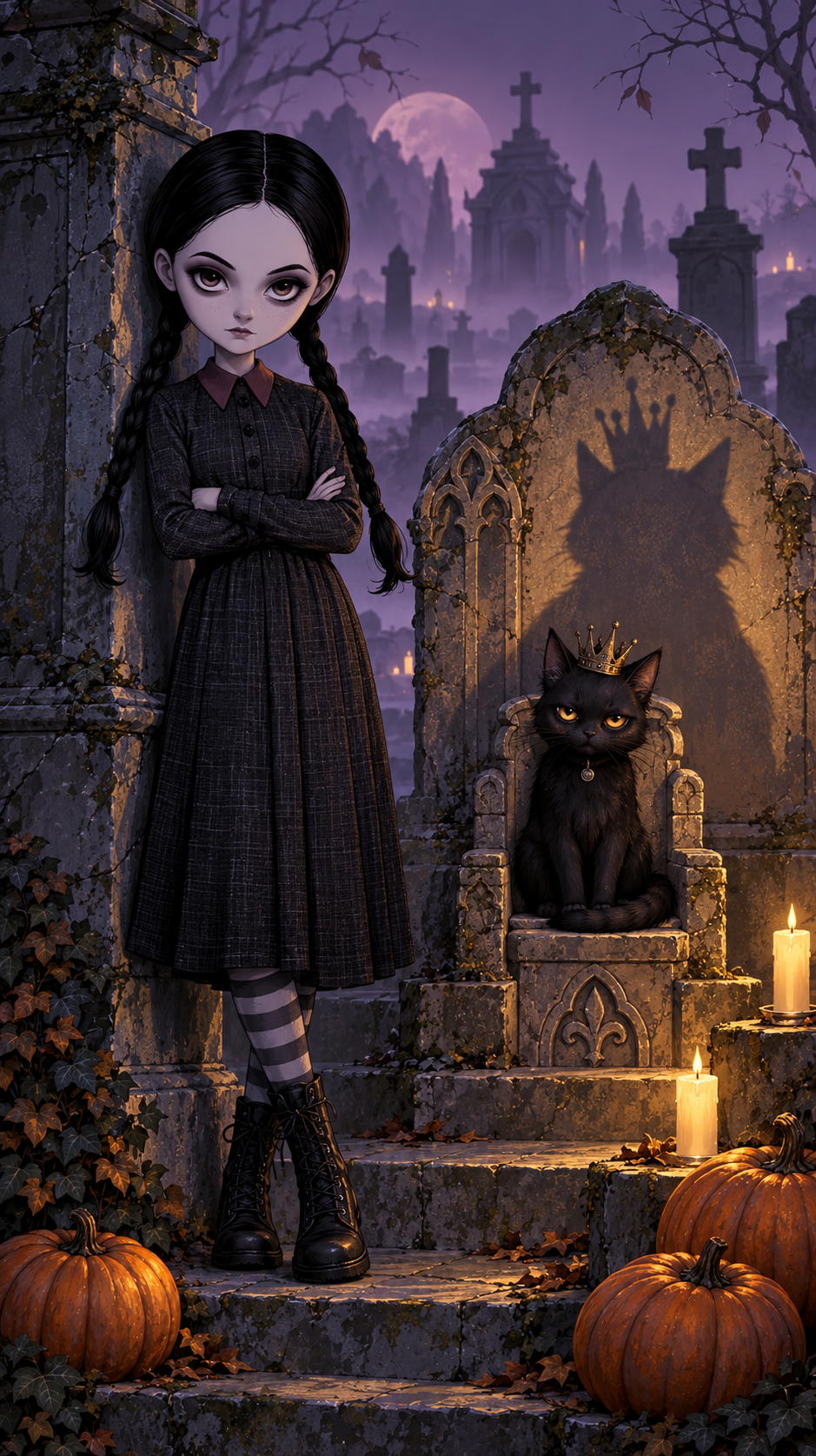 Gothic Wednesday Addams-style girl stands — AI art by @TesaranJ ...