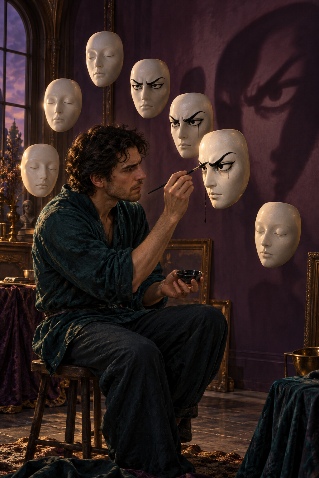Male artist painting facial details on floating white masks inside a sunset-lit gothic studio