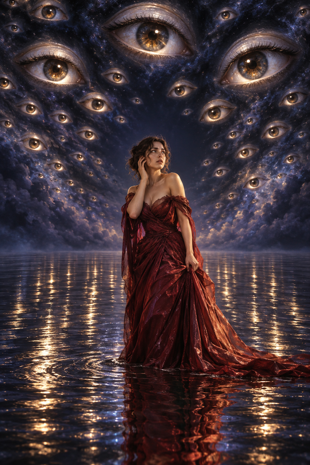 Woman in a flowing red gown stands in calm rippling water beneath a cosmic sky filled with watching golden eyes