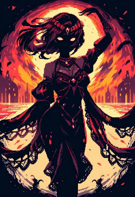 Dark gothic woman in flowing lace dress with glowing eyes against a fiery, circular sunset backdrop.