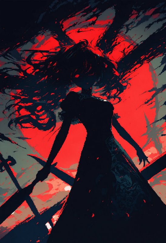 Silhouetted woman with flowing hair set against a fiery red, jagged background.