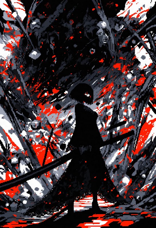 Silhouette of a child standing on a path among jagged, dark trees with red and white highlights in a high-contrast