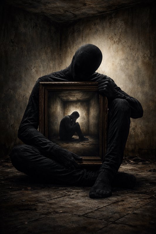 Dark hooded figure sitting in a dilapidated room, holding a framed reflection of a solitary silhouette.