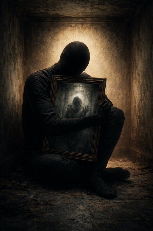 Dark silhouette of a person in a dim room holding a framed photo of a ghostly child reaching out.