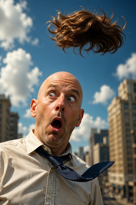 Bald man in business attire surprised as hair flies above a city street.